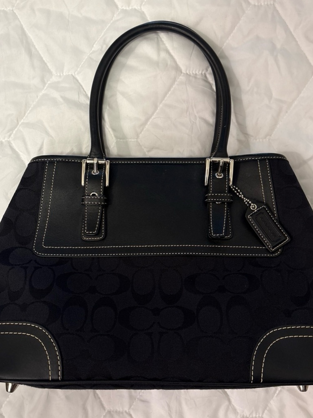 Coach Signature Canvas Black Tote Bag with Leather Trim